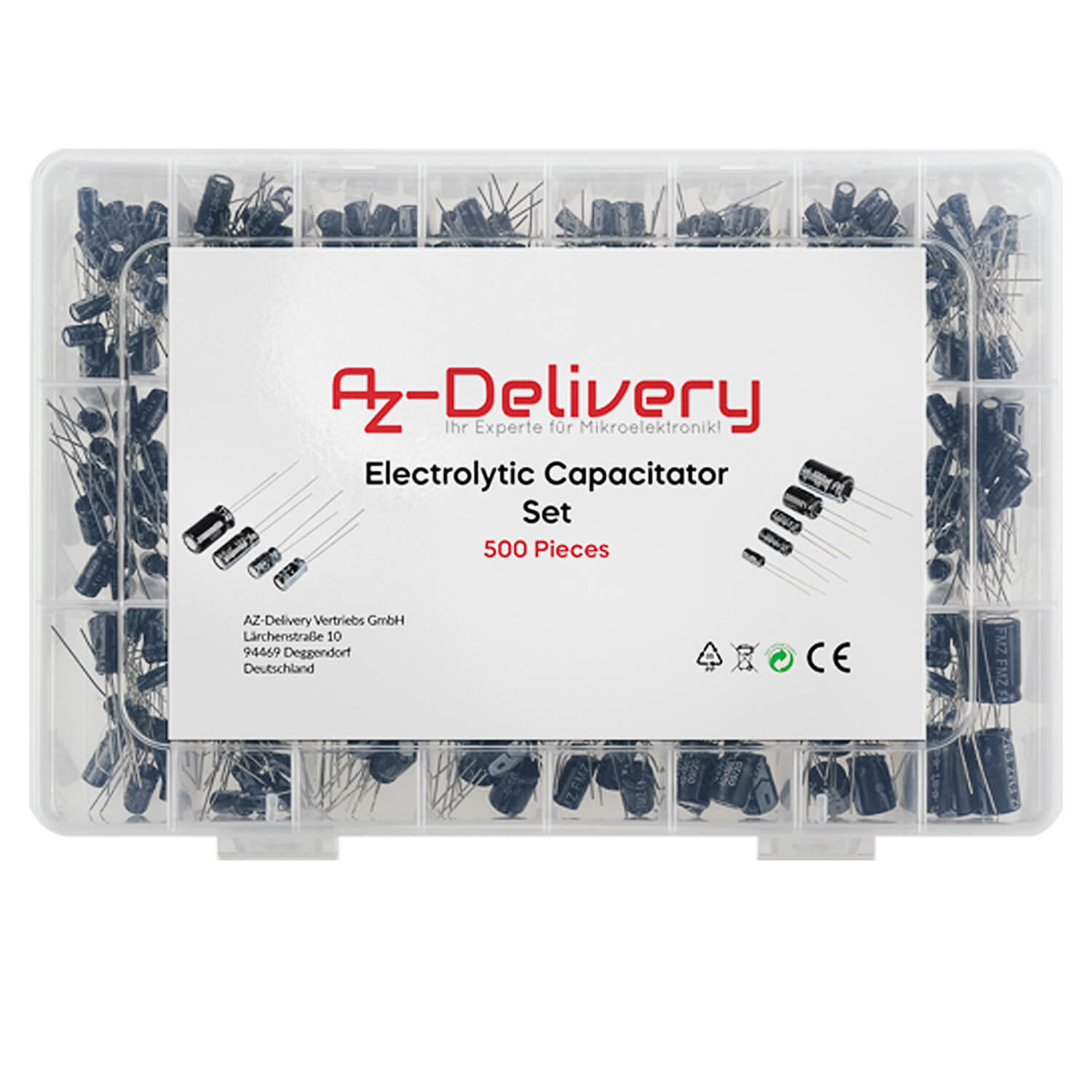 ElKo Sortiment Elektrolytkondensator Aluminium 24 Varianten, 500 Stück 0.1uF – 1000uF mit Aufbewahrungsbox kompatibel mit Arduino - AZ-Delivery